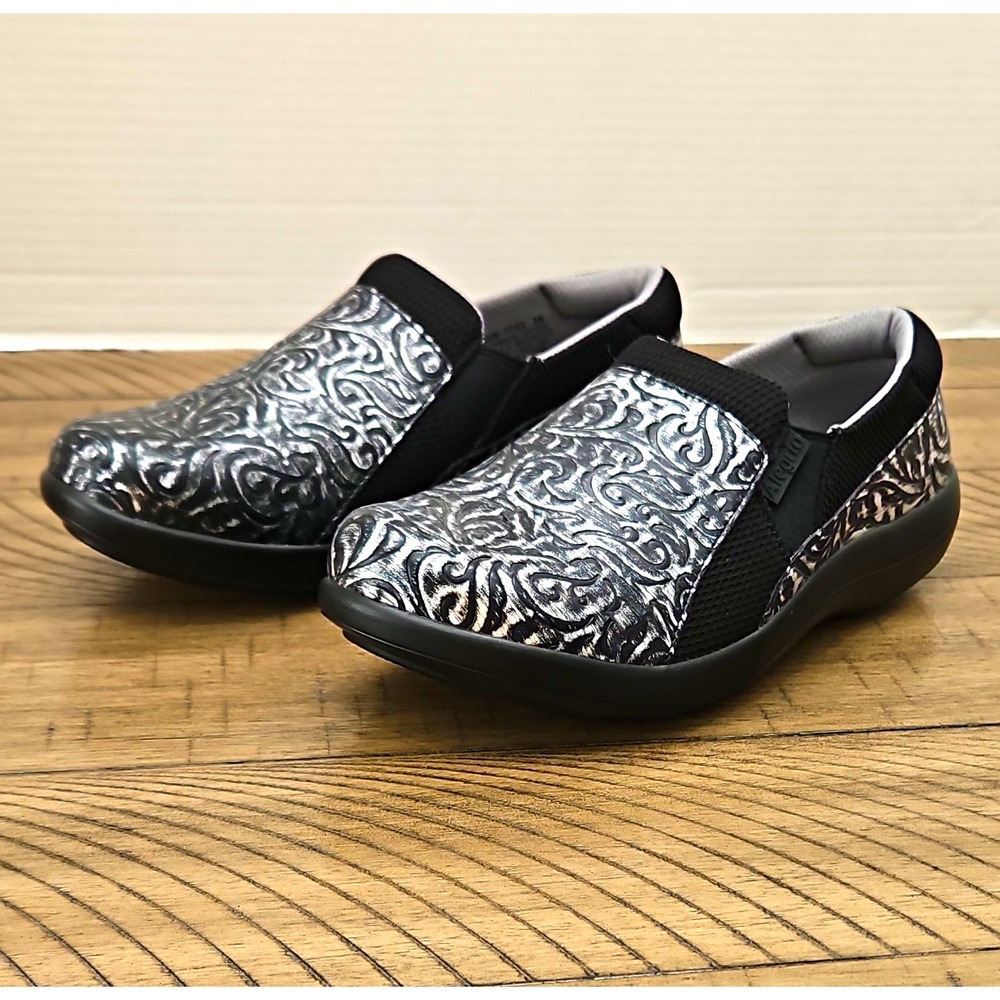 Alegria Shoes Women 6-6.5 36 Duette Iron Black Silver Scroll Comfort Clog Chic